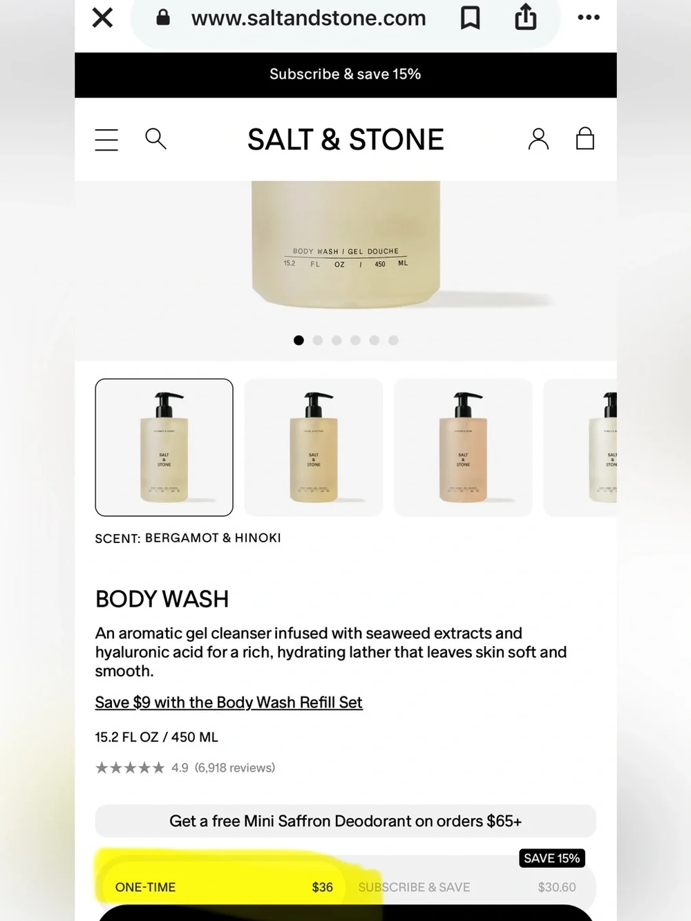 Salt and Stone Bergamot & Hinoki Yellow Body Wash